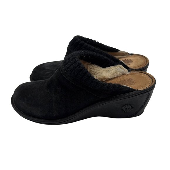 Ugg Knitted Cuff Shearling Lined Suede Wedge Mules Size 8 Black - Picture 4 of 9